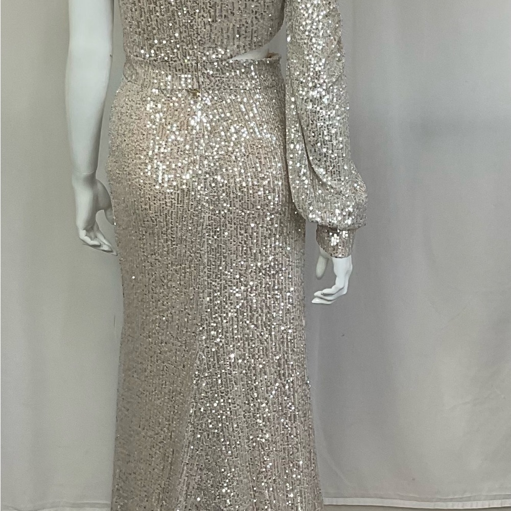 NEW Mac Duggal Ieena Silver Sequined One Shoulder Cut Out Gown Dress Size 2 - Picture 6 of 12